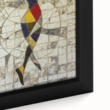 Close-up view of a framed abstract figurative canvas artwork, showcasing vibrant colors and intricate textures, perfect for modern home decor or artistic spaces.