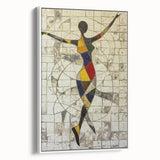 Abstract figurative framed canvas artwork showcasing a dynamic design in vibrant colors, featuring a white frame that enhances its modern aesthetic, perfect for contemporary decor.