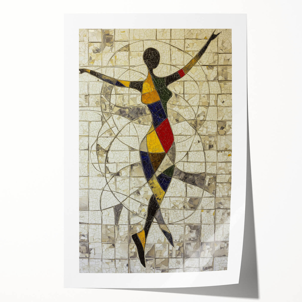 Abstract figurative art print showcasing vibrant colors and dynamic shapes, rolled for easy transport, perfect for modern home decor and artistic expression.
