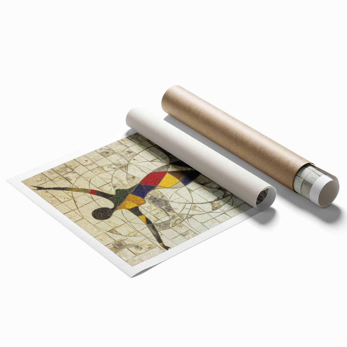Abstract figurative rolled print showcasing vibrant colors and dynamic shapes, perfect for modern home decor; packaged in a protective cardboard tube for delivery.