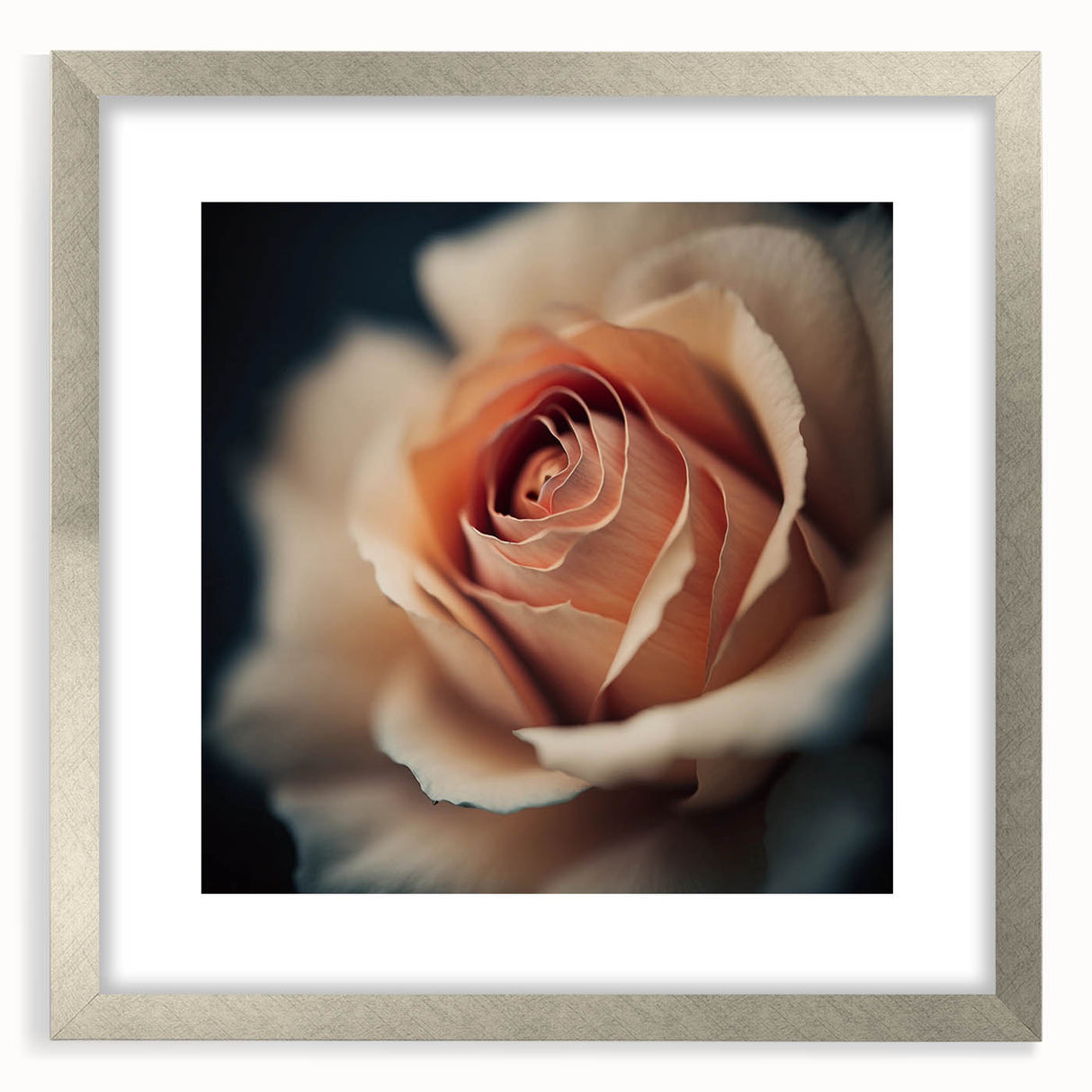 Abstract floral wall art in a sleek silver frame with a white mat, showcasing vibrant colors and intricate patterns, perfect for modern home decor accents.