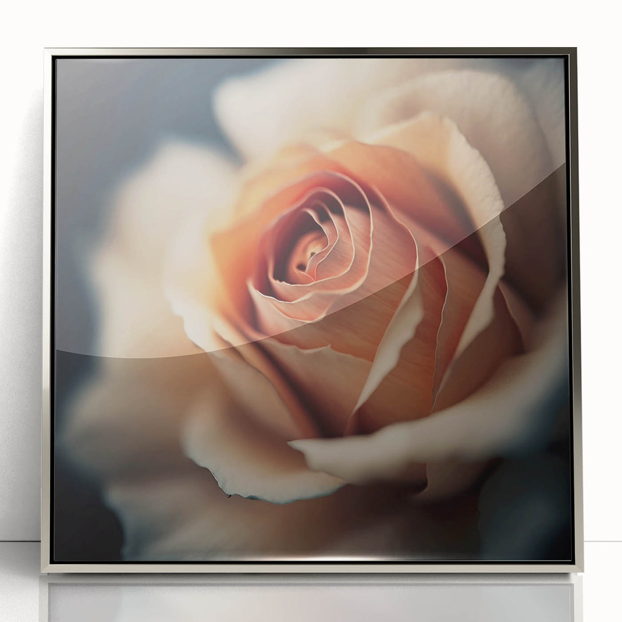 Framed abstract floral wall art featuring vibrant colors and intricate designs, set in a sleek silver frame, adding elegance to modern home decor.