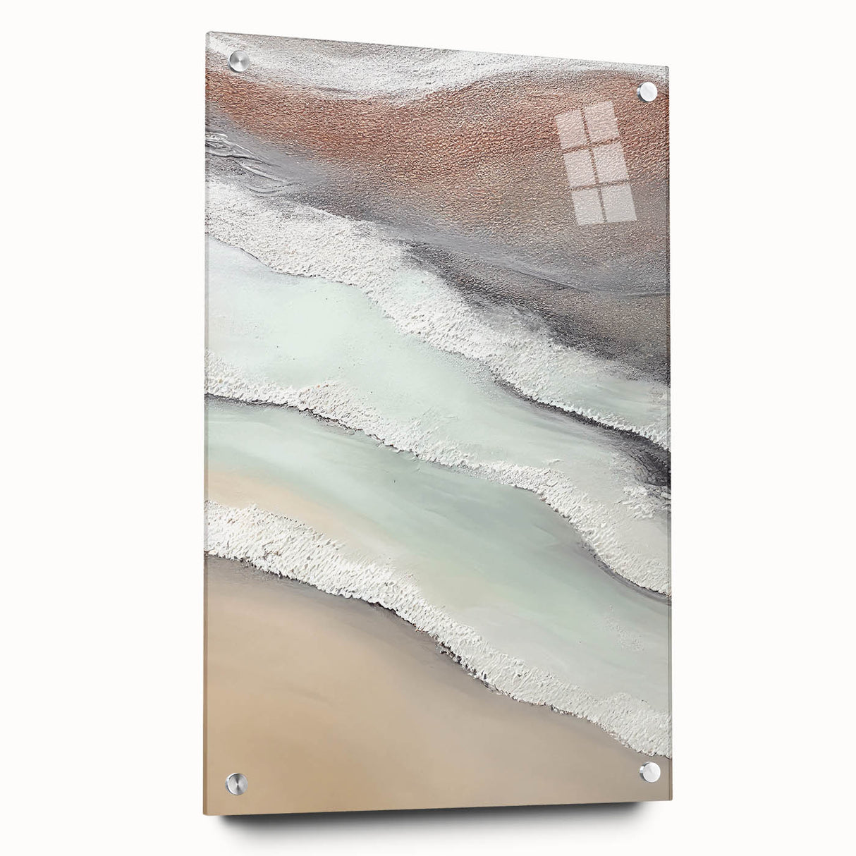 Abstract landscape wall art design showcased in a side view, featuring vibrant colors and textures, mounted with pins for a contemporary display. Perfect for modern home decor.