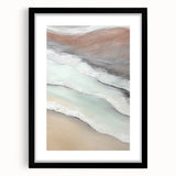 Abstract landscape wall art featuring shades of blue and green, framed with a sleek black mat, showcasing a modern design perfect for home decor.