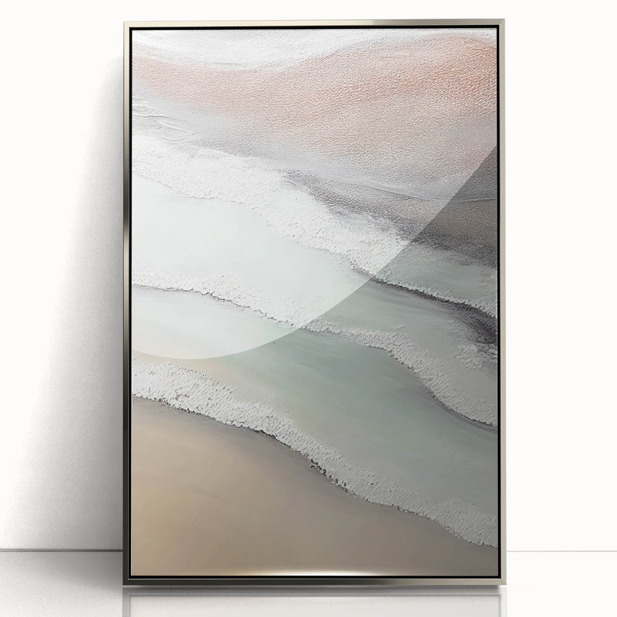 Framed acrylic wall art showcasing a contemporary abstract landscape in silver tones, ideal for modern home decor, enhancing any living space with elegance.