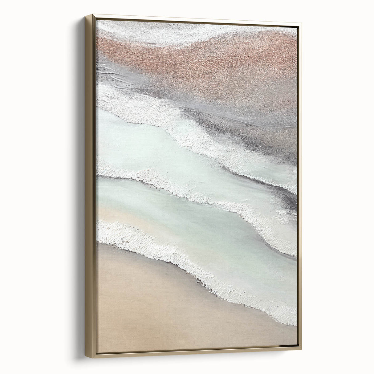 Framed abstract landscape wall art on canvas featuring gold accents, showcasing a modern design perfect for home decor. Side view highlights the elegant frame and textured canvas, ideal for enhancing living spaces.