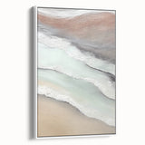 Framed abstract landscape wall art in white, showcasing vibrant colors and dynamic shapes, perfect for modern home decor. Side view highlights its elegant design and sleek finish.