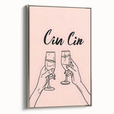 Landscape art painting featuring a colorful, vintage-style poster of food and drinks, presented in a black frame on canvas.