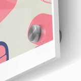 Close-up of large abstract wall art featuring assorted fruits in vibrant colors on acrylic glass.