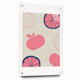 Acrylic glass print of large abstract fruits in vibrant colors, suitable for dining room or bedroom decor.