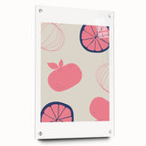 Acrylic glass print of large abstract fruits in vibrant colors, suitable for dining room or bedroom decor.