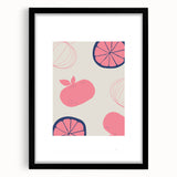 Extra large abstract art print featuring colorful, textured fruits on a black framed canvas, ideal for living room decor.