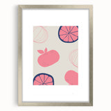 Textured abstract art print of fruits in muted colors on a silver-framed mat, ideal for bedroom wall decor.