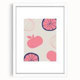 Abstract art print featuring assorted fruits in vibrant colors on a white framed mat, suitable for dining room decor.