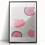 Large abstract wall art featuring assorted fruits in bold colors on a black acrylic framed print.