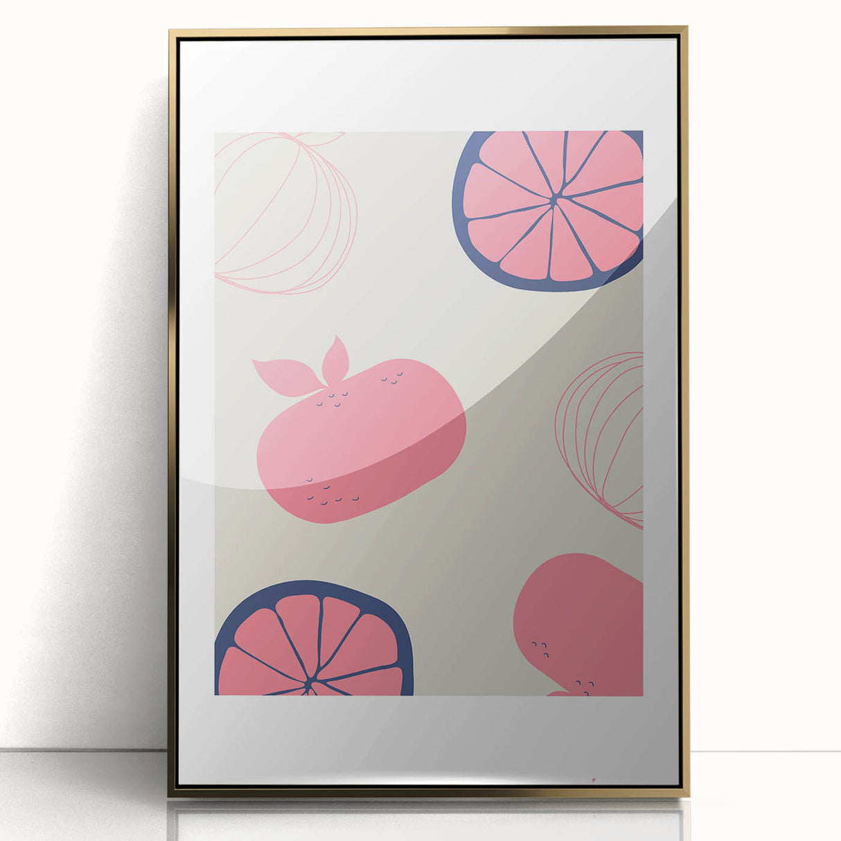 Large art print of assorted fruits in mid-century modernist style, framed in gold acrylic, suitable for nursery wall decor.