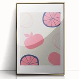 Large art print of assorted fruits in mid-century modernist style, framed in gold acrylic, suitable for nursery wall decor.