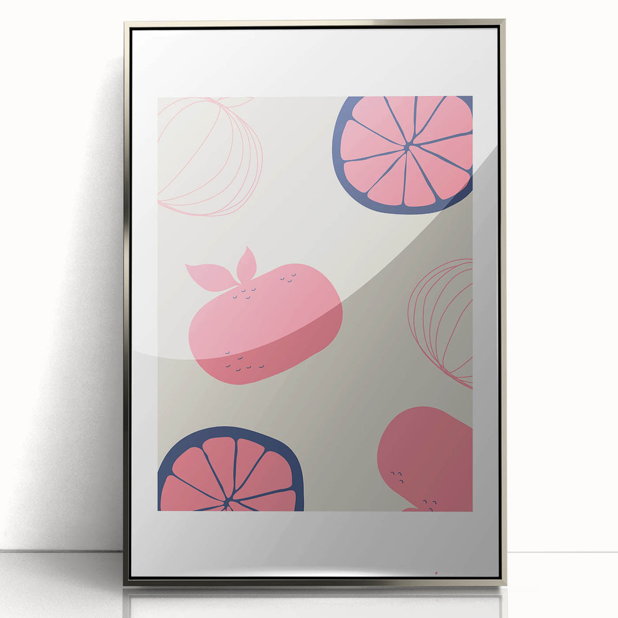 Mid-century modernist art featuring an array of fruits in vibrant colors on a silver framed acrylic.