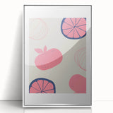 Art Deco poster featuring an array of fruits in vibrant colors, framed in white acrylic, ideal for modern nursery wall art.