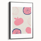 Black and white framed canvas featuring a vintage poster art design of assorted fruits, suitable for bedroom wall decor.