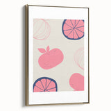 Framed canvas featuring a vintage poster-style landscape with various fruits in muted tones, ideal for bedroom wall decor.