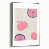 Landscape art painting of colorful fruits on black background, framed canvas, ideal for kitchen wall decor.