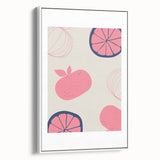 Vintage poster art of colorful fruits on a white framed canvas, ideal for extra large living room decor.