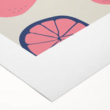 Art deco poster featuring an assortment of colorful fruits on a rolled canvas, ideal for dining room wall art.