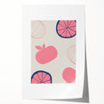 Rolled print of vibrant fruits and floral art on a white background, suitable for dining room or bathroom decor.