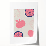 Rolled print of vibrant fruits and floral art on a white background, suitable for dining room or bathroom decor.