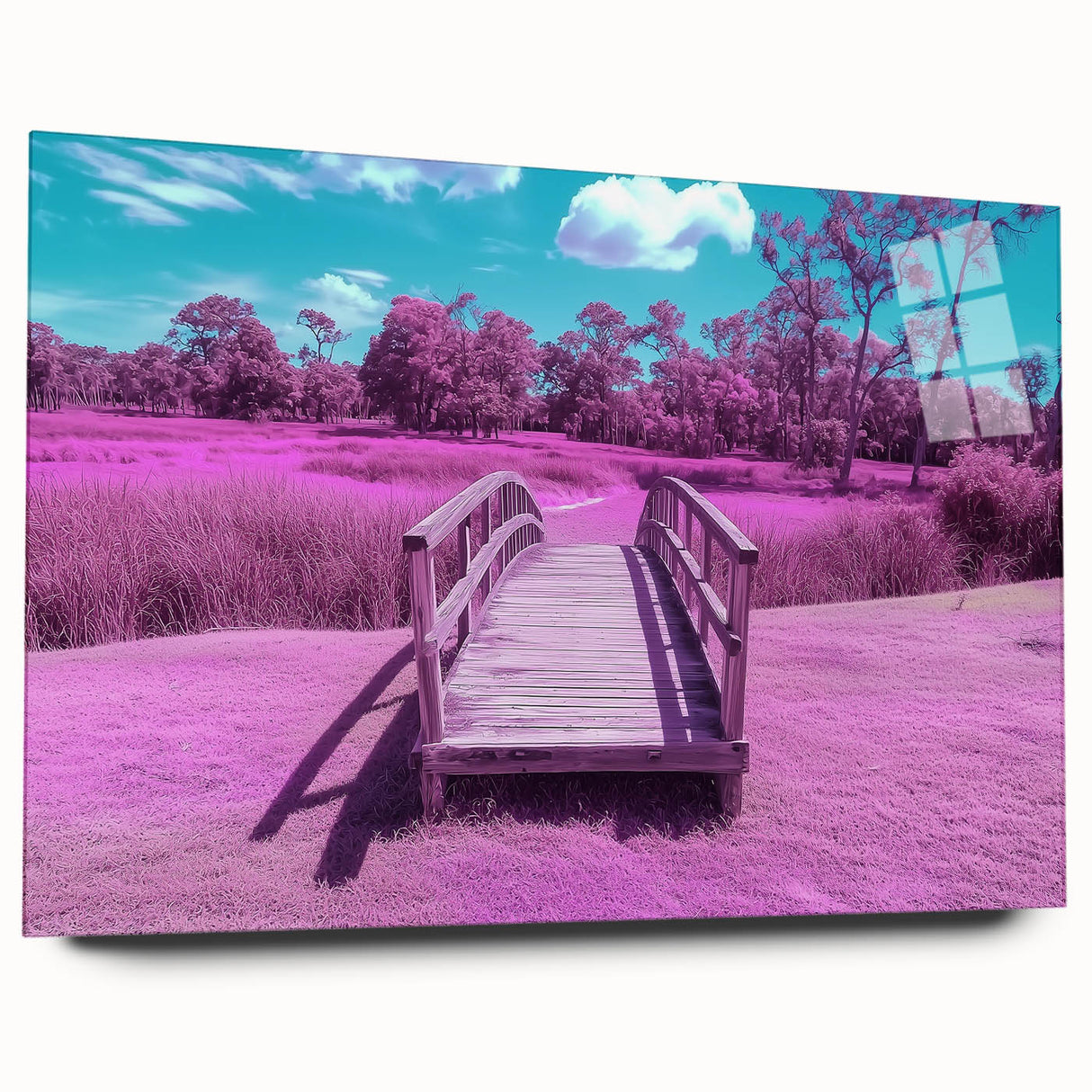 Acrylic glass landscape bridge design showcasing a side view without pins, featuring vibrant colors and intricate detailing, ideal for modern decor and art enthusiasts.