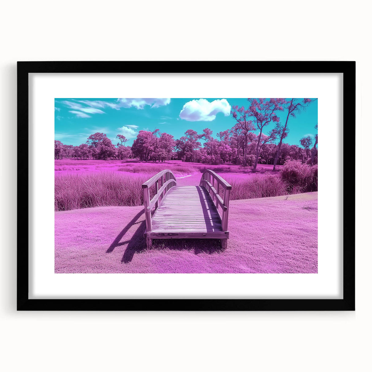 Landscape bridge frame in a sleek black finish, showcasing a mat interior, perfect for displaying artwork or photos. Ideal for modern decor and elegant presentations.