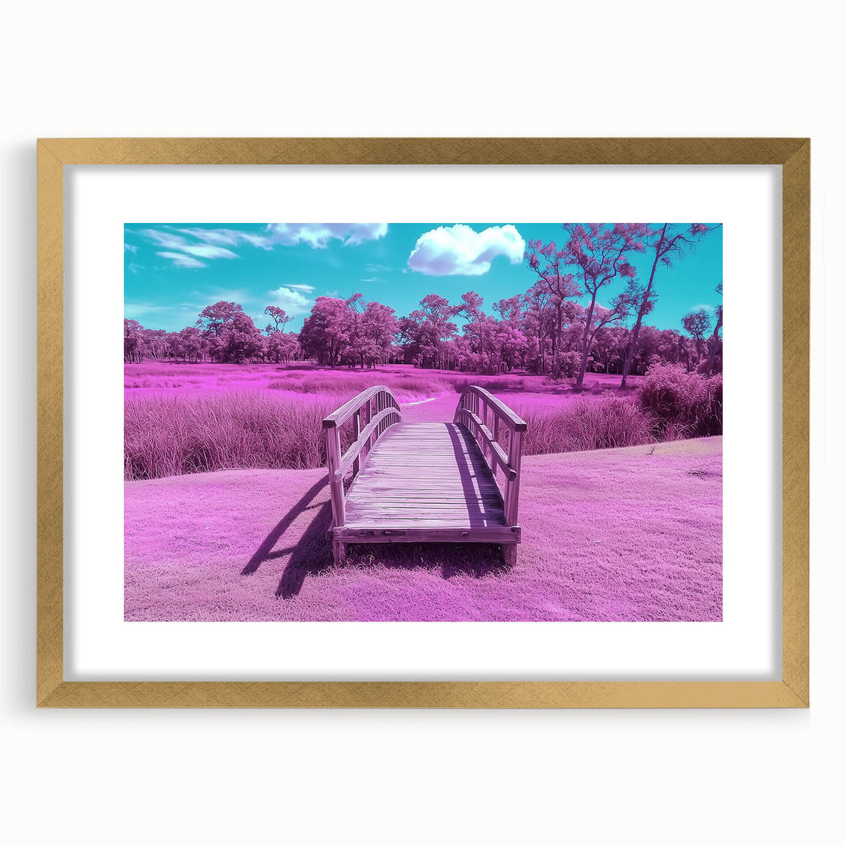 Gold landscape bridge frame with mat, showcasing an elegant front view; perfect for adding a touch of sophistication to any décor. Ideal for art enthusiasts.