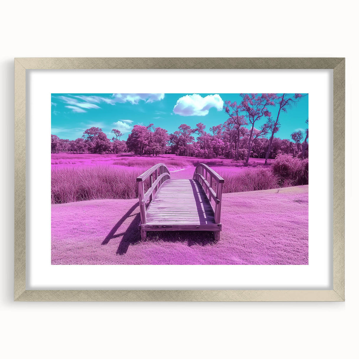 Silver landscape bridge frame with a white mat, showcasing a modern design. The frame highlights a panoramic view, ideal for displaying artwork or photography.