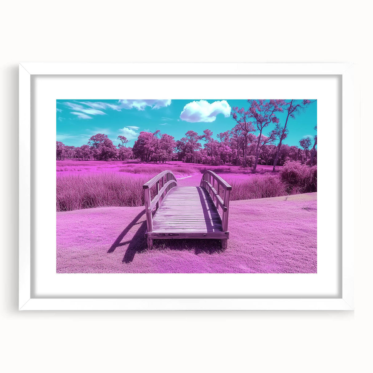 Landscape bridge frame with white mat, showcasing a modern design ideal for home decor, featuring a sleek front view that highlights its elegant simplicity.