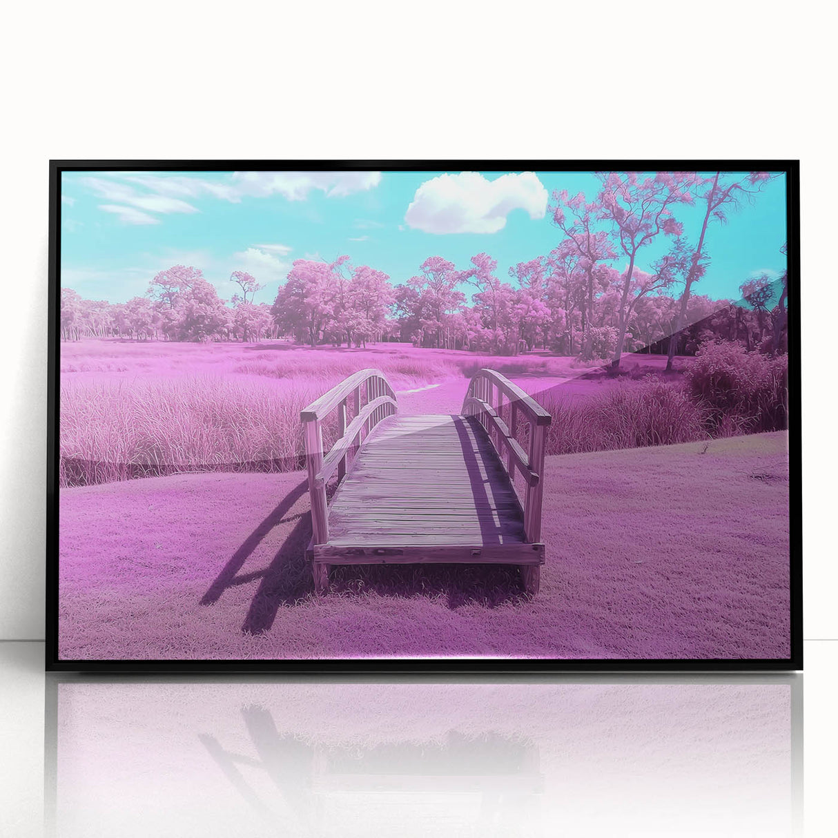 Framed acrylic artwork of a landscape bridge in black, showcasing intricate details and a modern aesthetic, perfect for home or office decor.