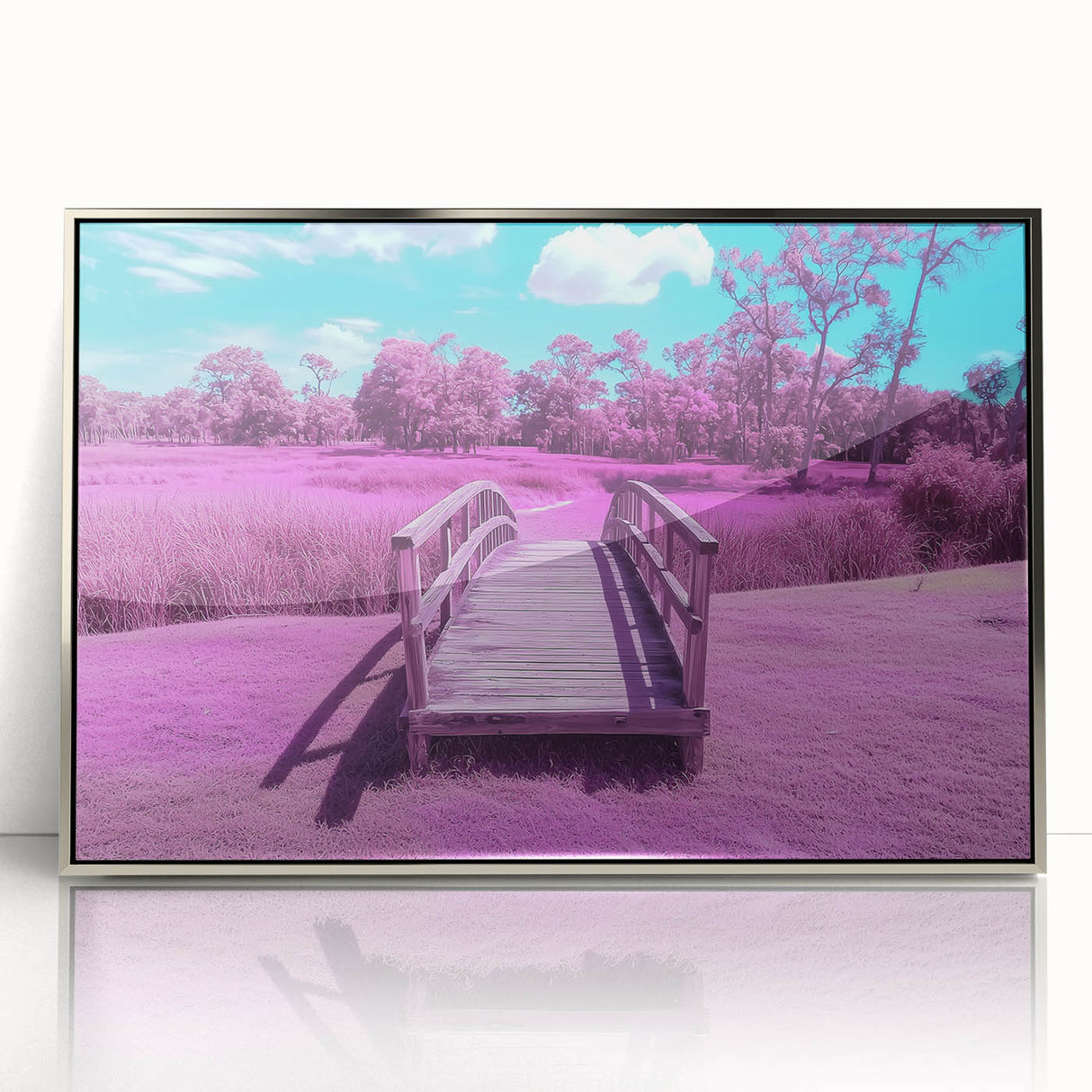 Framed acrylic artwork showcasing a stunning landscape bridge scene with silver accents, perfect for modern home decor. Ideal for art enthusiasts seeking nature-inspired designs.