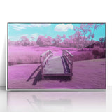 Framed acrylic artwork depicting a serene landscape bridge scene, featuring vibrant colors and intricate details, ideal for enhancing home décor.