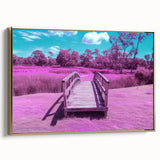Gold-framed canvas artwork depicting a serene landscape with a bridge, showcasing lush greenery and a tranquil water scene, perfect for home decor enhancement.