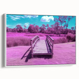 Framed canvas artwork depicting a serene landscape bridge in white, showcasing intricate details and a vibrant color palette, ideal for home decor.