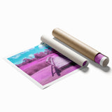 Rolled print of a landscape bridge design showcasing vibrant colors and intricate details, elegantly packaged in a protective cardboard tube for easy transport and display.