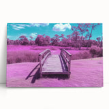 Stretched canvas artwork showcasing a vibrant landscape bridge scene, featuring lush greenery and a serene river, perfect for enhancing home decor with natural beauty.