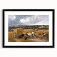 Realism Art Print of a Scenic Harvest Scene with Horses and Farmers