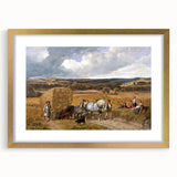 Realism Art Print of a Scenic Harvest Scene with Horses and Farmers