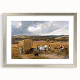 Realism Art Print of a Scenic Harvest Scene with Horses and Farmers