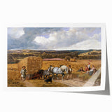 Realism Art Print of a Scenic Harvest Scene with Horses and Farmers