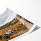 Realism Art Print of a Scenic Harvest Scene with Horses and Farmers
