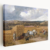Realism Art Print of a Scenic Harvest Scene with Horses and Farmers