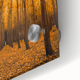 Large abstract wall art in warm autumn hues on acrylic glass, ideal for dining room art in a mid-century modernist style.