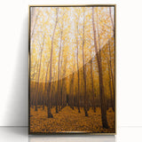 Large art print of a mid-century modernist autumn scene in gold and orange tones, framed acrylic.